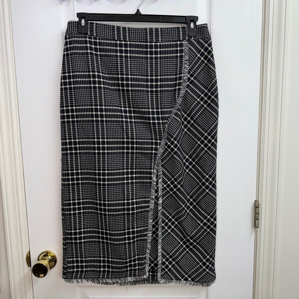 Top Shop navy black cream plaid fringe slit zip maxi skirt business formal 12